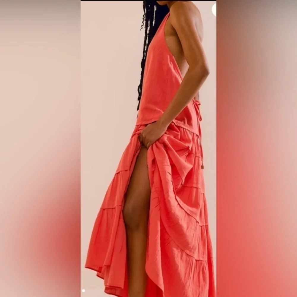 NWOT FREE PEOPLE, Somewhere Sunny Drop Waist Maxi, Large in Radiant (Coral) - Picture 5 of 9